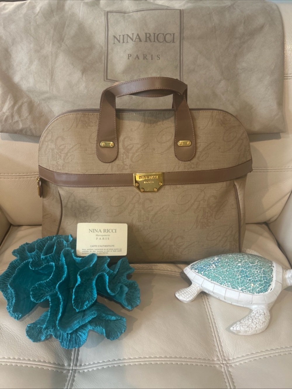 Nina Ricci Beige Canvas Coated Vintage Satchel with Brown Leather Trim/Gold